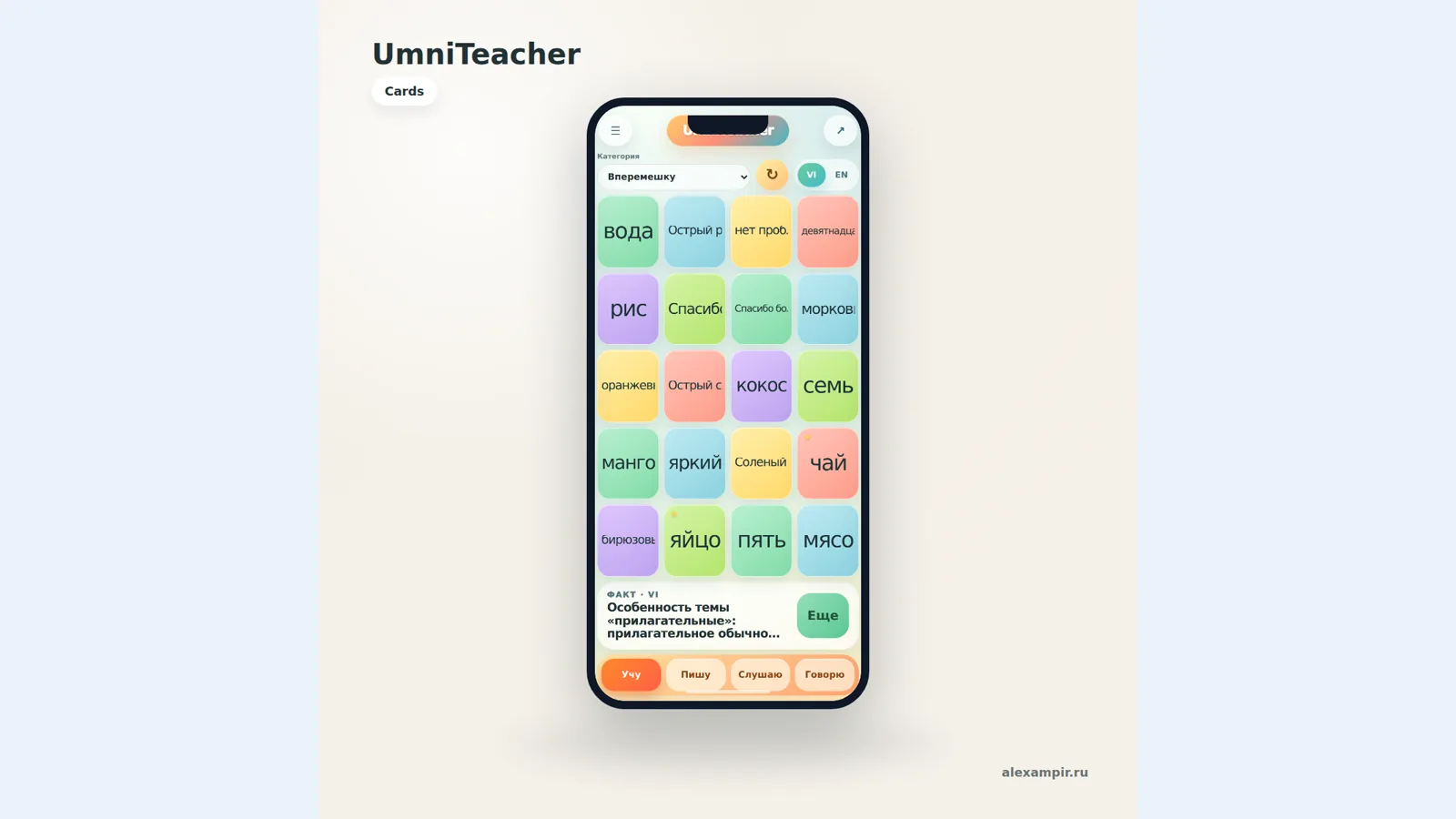 Мобильное учебное приложение UmniTeacher в телефонной рамке